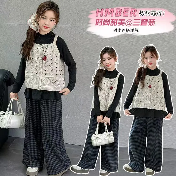 女童针织马甲三件套秋季2025新款儿童秋装洋气韩系女大童早秋套装