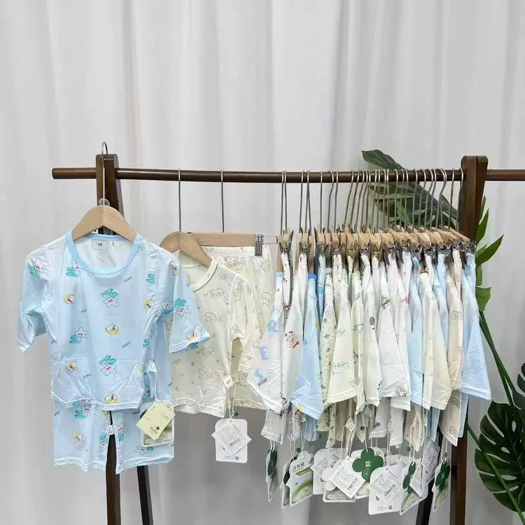 莱赛尔天丝七分袖七分裤家居服套装满印花色男童女童夏季纯棉儿童