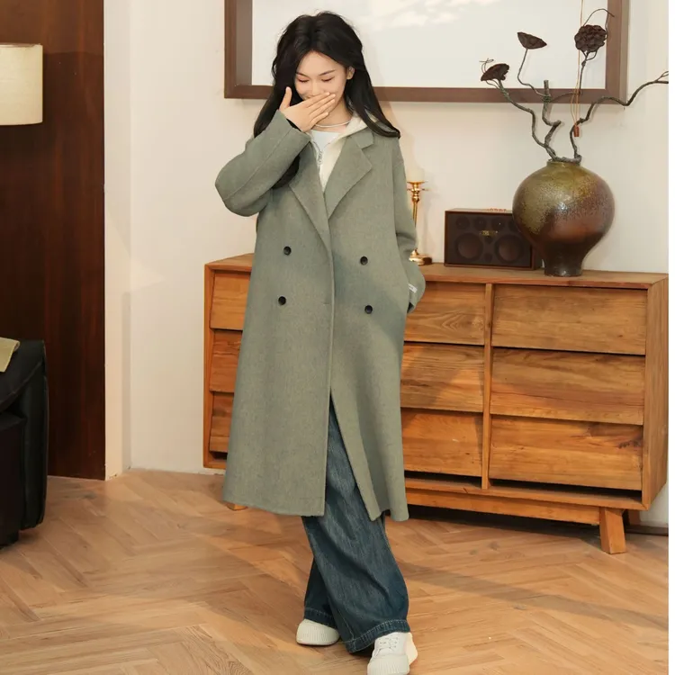 法式慵懒风双排扣翻领宽松廓形羊毛大衣加马甲长短款组合