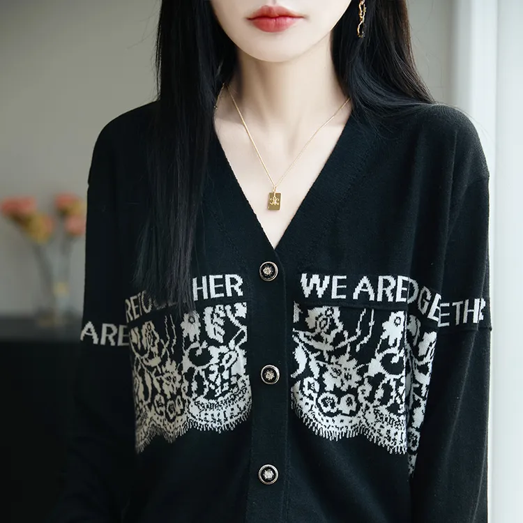 哥弟阿玛施正品女装长袖V领提花毛针织开衫时尚气质秋季百搭毛衣