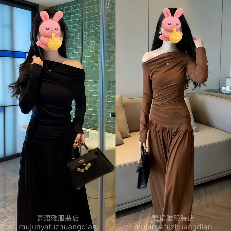 春秋新款设计感褶皱一字肩长袖T恤女小众高腰显瘦半身裙两件套装