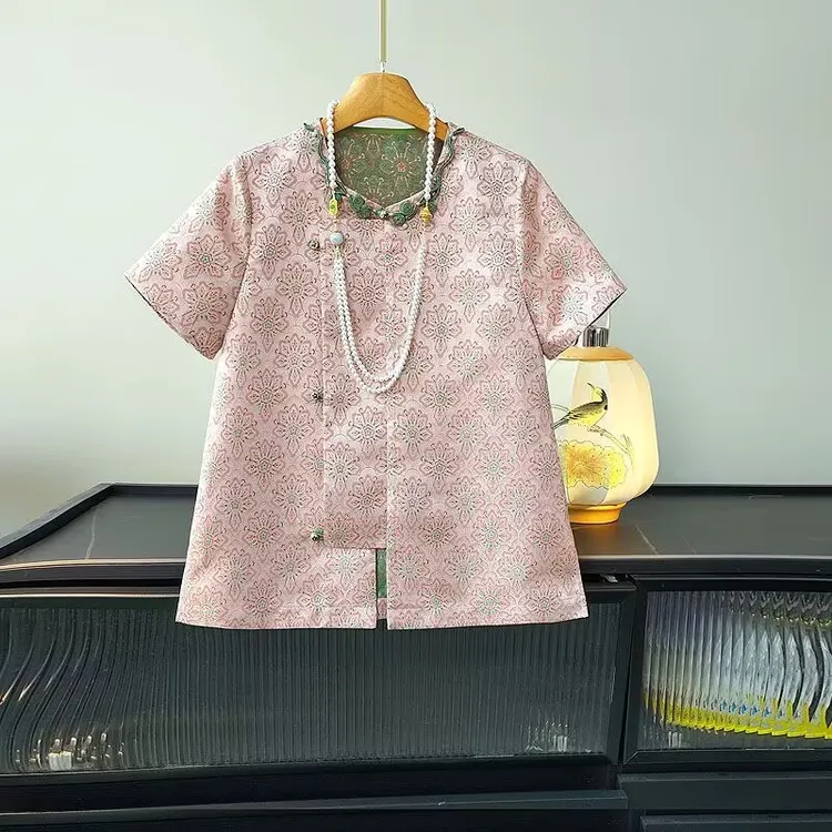 深圳南油新中式粉色提花上衣短袖2025夏季新款