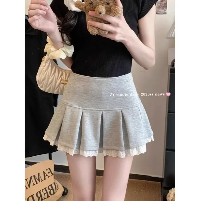 甜辣妹蕾丝拼接半身裙女春季短裙复古防走光百褶裙高腰显瘦A字裙