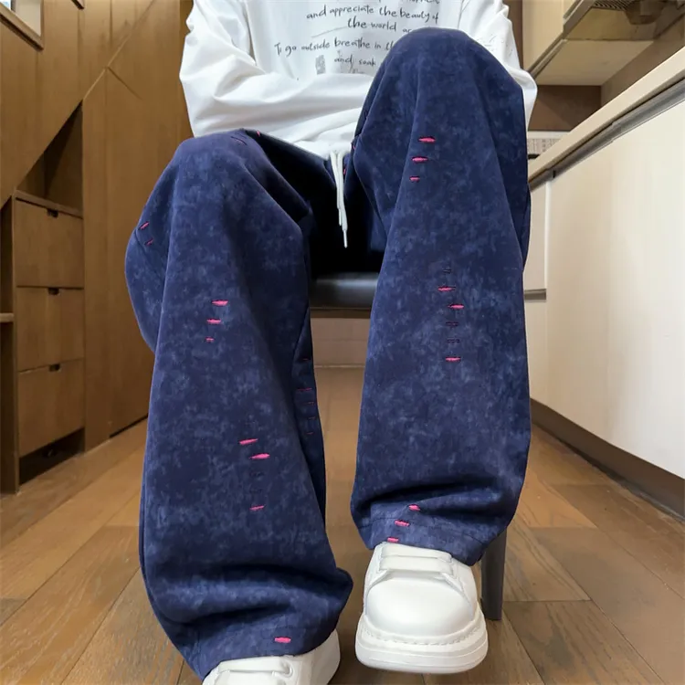 美式撞色扎染破洞卫裤男女款秋季垂感宽松弯刀裤子休闲直筒阔腿裤