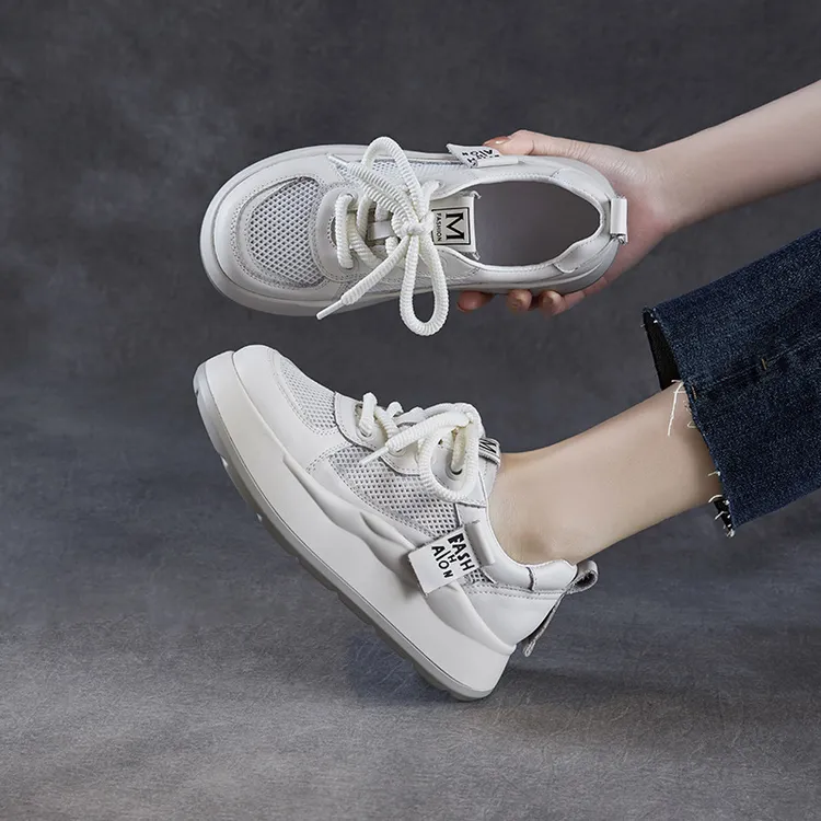 真皮休闲鞋女网面透气厚底薄款镂空单鞋2025夏新款运动板鞋学生