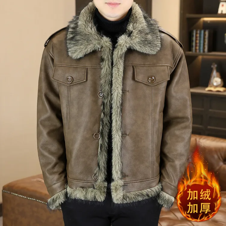DESITASH男士秋冬季皮毛一体加绒加厚保暖机车夹克男装短款上衣