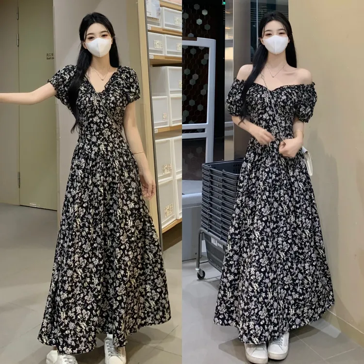 女款大码夏季洋气新款碎花V领收腰遮肚子显瘦气质海边拍照连衣裙