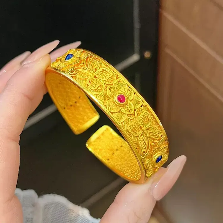 铜合金手镯 新中式古法宽面花丝蝶恋花手镯女百搭不掉色镂空镯子