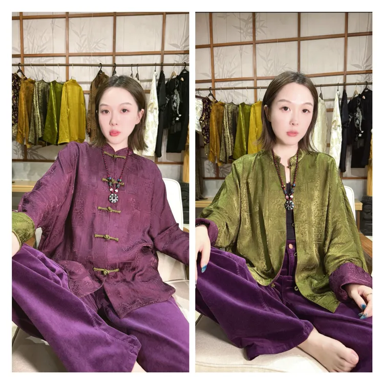 格林紫绿！人丝提花新中式双面穿上衣！GZ5886