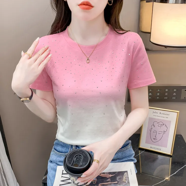 时尚渐变色烫钻短袖t恤女2025夏季新款设计感独特别致短款上衣服