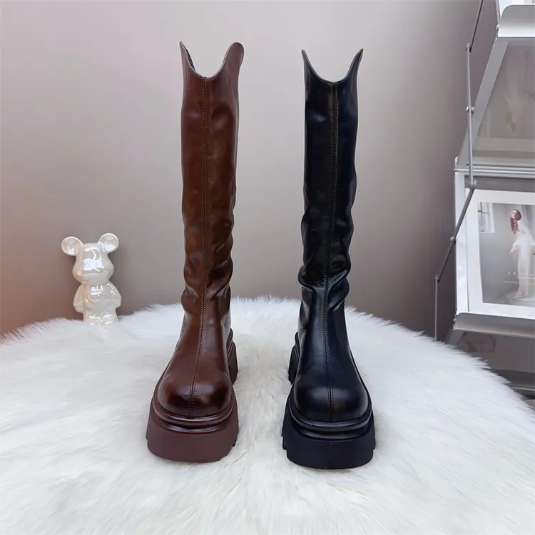 厚底长筒靴女胖mm加宽加肥2025秋小个子增高7cm大筒围女靴骑士靴
