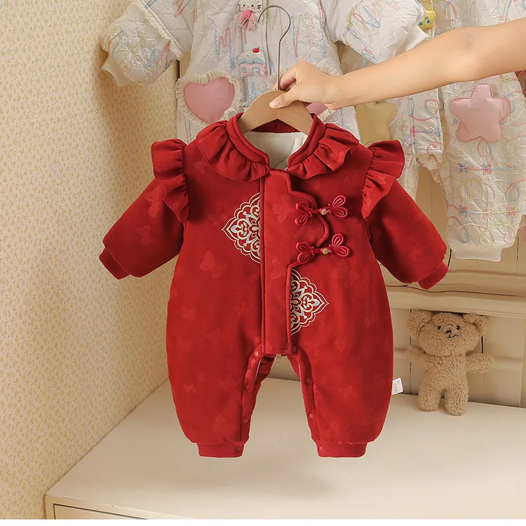 冬季爬服哈衣红色中式绣花婴儿连体衣新生儿加绒女宝
