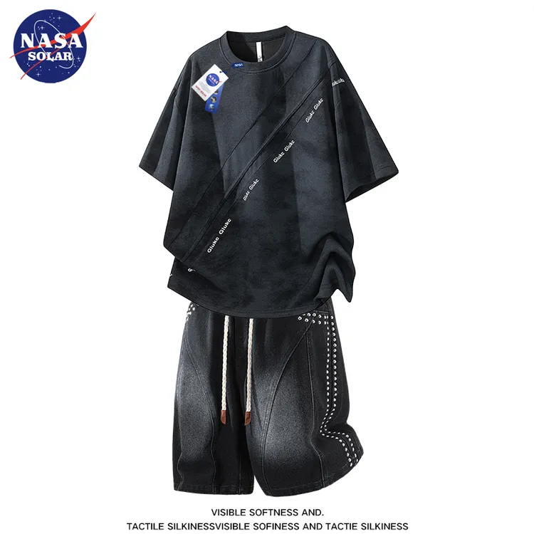 NASA SOLAR扎染复古大码短袖套装男夏季高街痞帅ins宽松T恤两件套