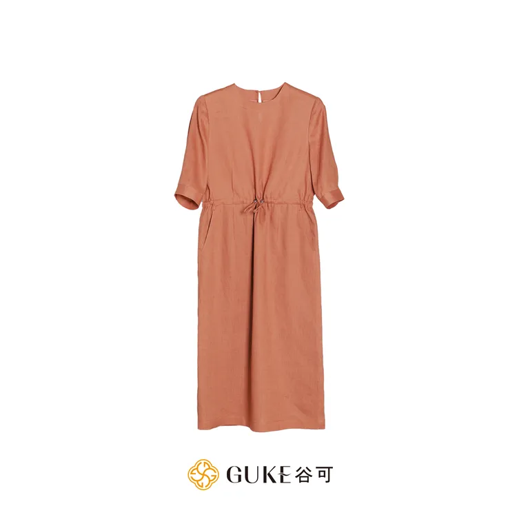 GKE/谷可LQ1291时尚抽绳亚麻连衣裙夏季新款简约优雅气质女装裙子
