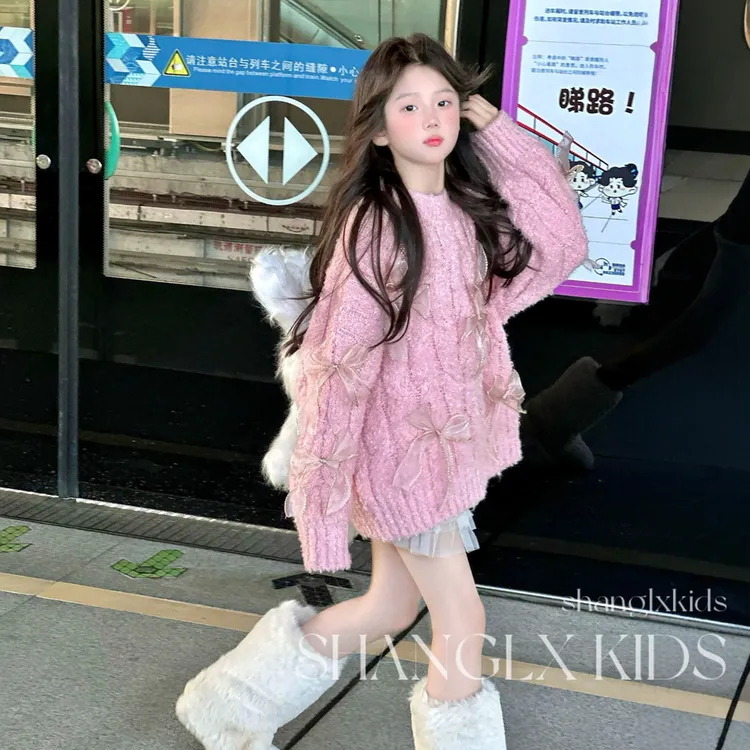 女童毛衣针织衫秋冬2025新款儿童韩系穿搭上衣大童女装重工蝴蝶结