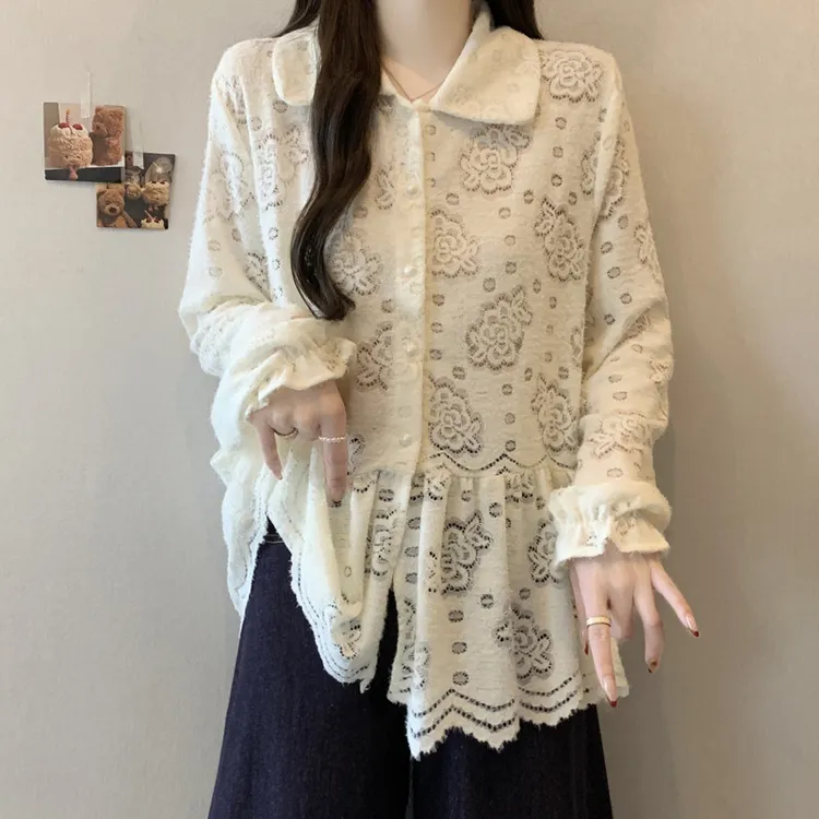 大码女装法式复古蕾丝提花衬衫女胖MM遮肉显瘦慵懒百搭打底衫上衣