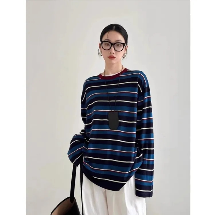 设计感蓝色条纹长袖正肩t恤女春秋独特超好看内搭打底衫单穿上衣