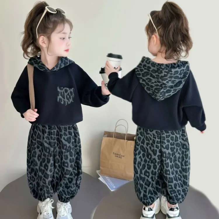【加绒不加绒都有】女童洋气套装2025秋装新款豹纹连帽休闲卫衣卫裤