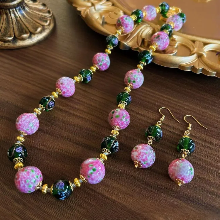 钛钢琉璃项链 复古中古vintage饰品 粉色蛙皮法式老琉璃圆形瓜皮