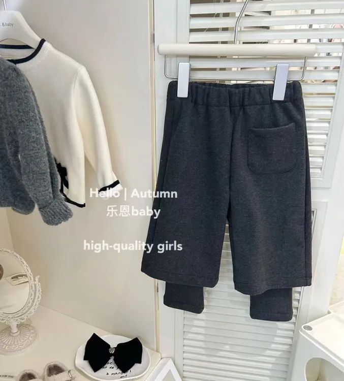 韩版2025女童假两件长裤呢子加绒加厚冬季新款女宝宝时髦裤子
