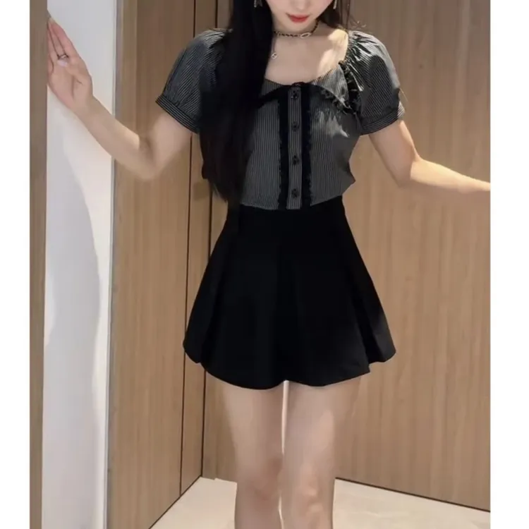 夏季时尚穿搭2025年新款韩系气质百搭短袖上衣高腰裙裤两件套装