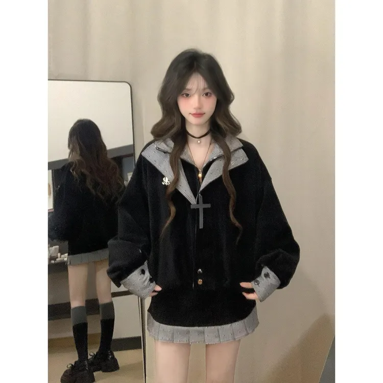 韩系学院风宽松慵懒春秋新款短款夹克外套女+短裙套装
