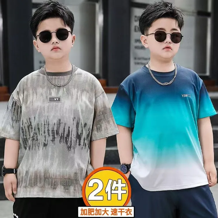 胖男童短袖薄款夏季大童加肥加大运动速干T恤青少年夏装装丝半袖9