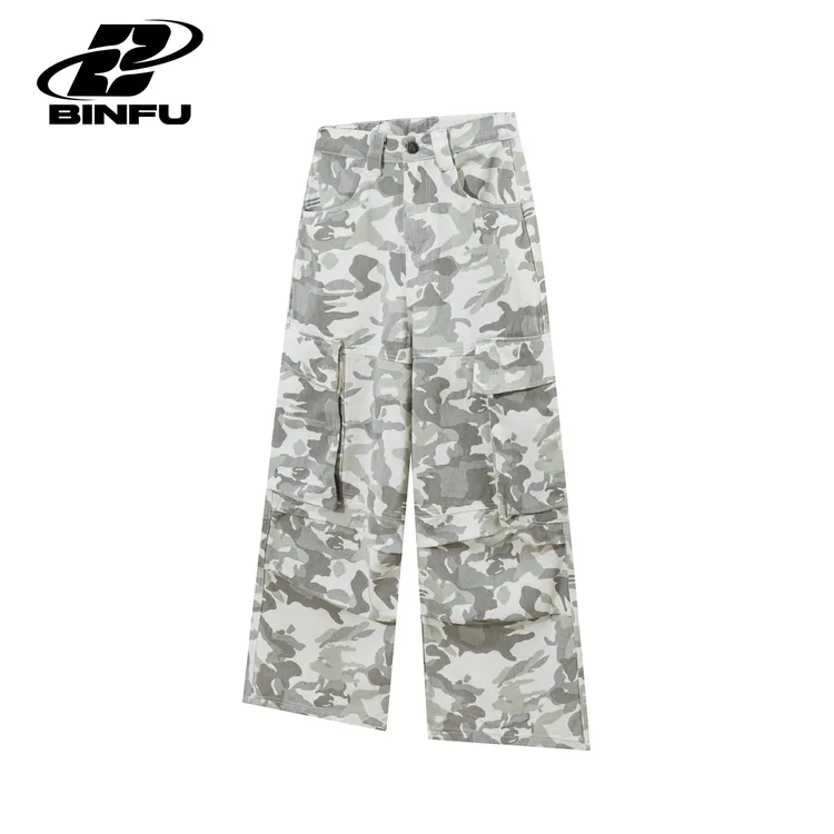 MADE BINFU宽松男女同款阔腿白色迷彩牛仔长裤