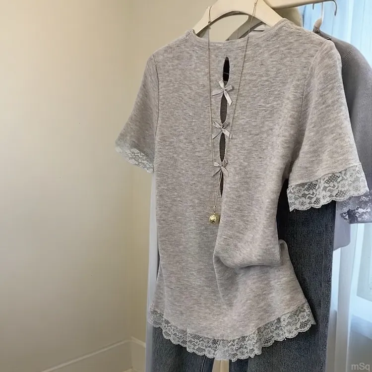 纯欲风后背镂空t恤女2025夏季辣妹蝴蝶结蕾丝拼接设计感针织上衣