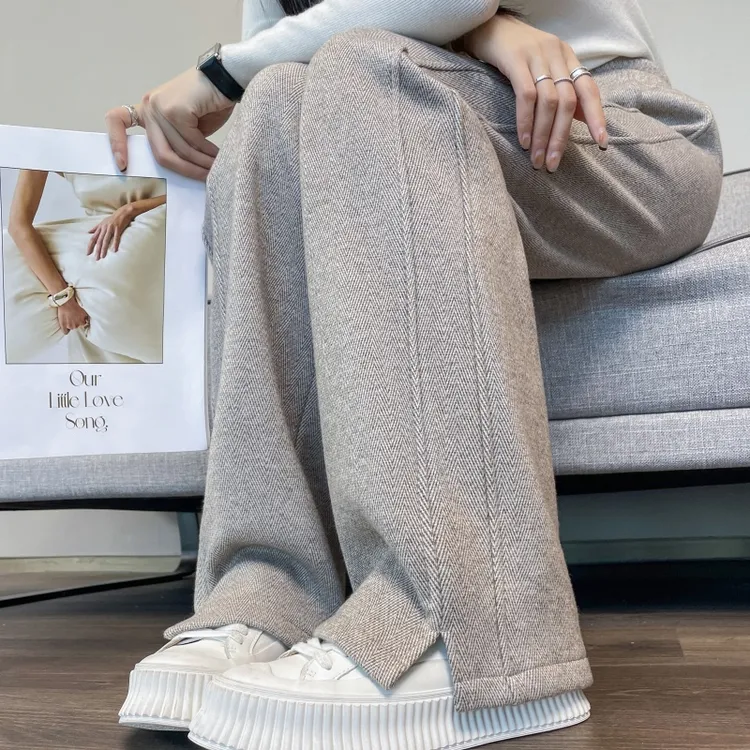 人字纹窄版阔腿裤女秋冬加绒加厚保暖毛呢裤女高腰显瘦休闲直筒裤