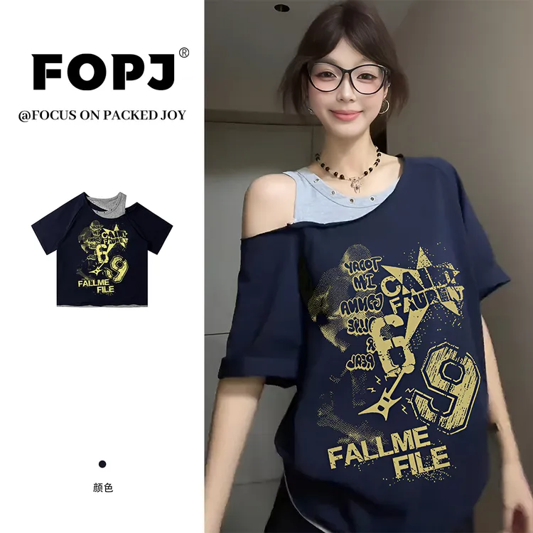 FOPJ夏季新款显瘦斜肩短袖女辣妹工字u领设计感纯欲风假两件上衣