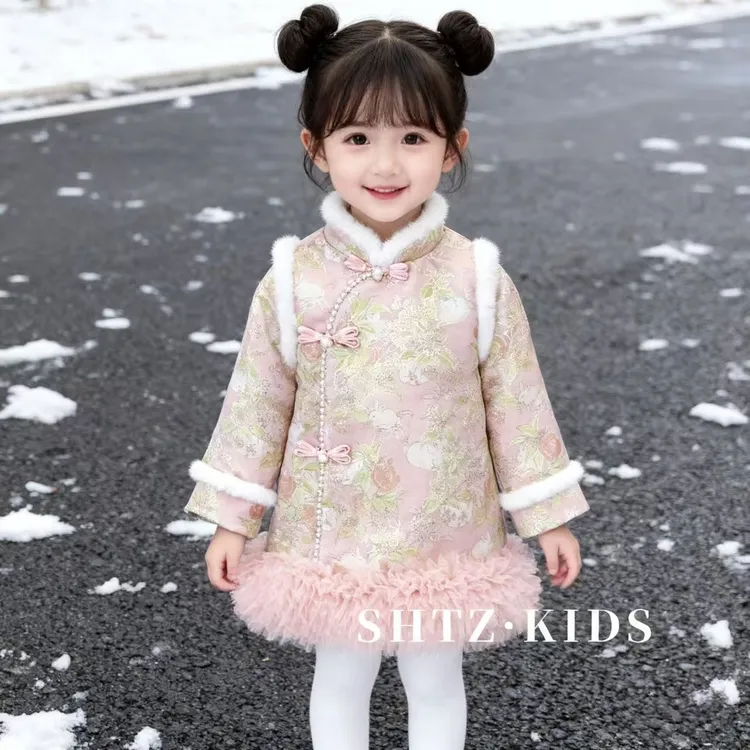 女童儿童旗袍女宝加绒中国冬季过年加厚秋冬汉服拜年唐装棉袄外套