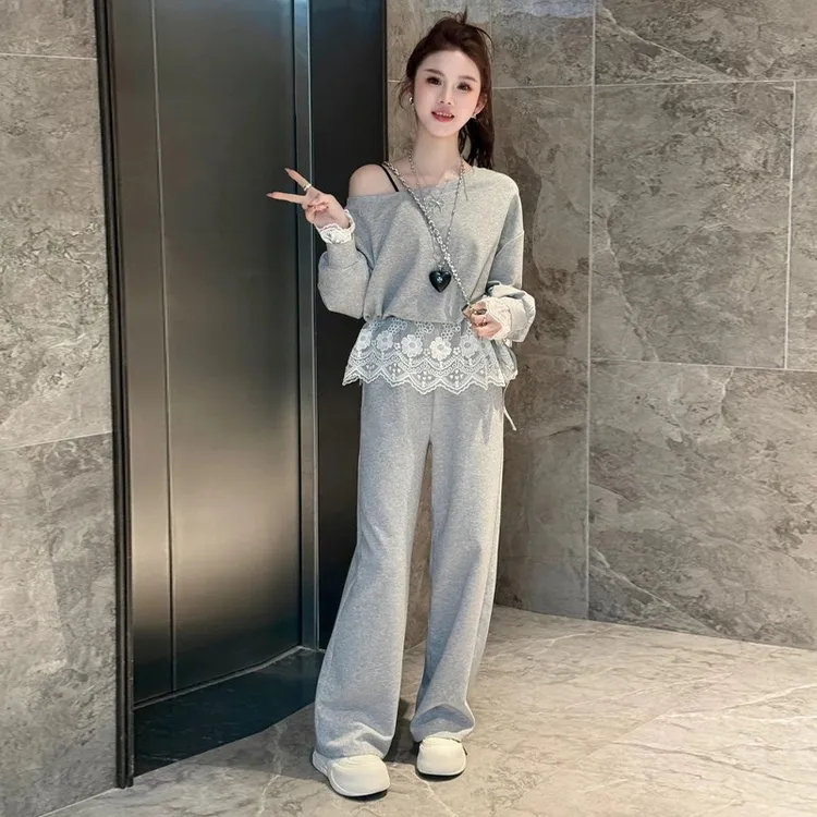 拼接新款卫衣套装春游出行女设计感修身拼接蕾丝阔腿裤女装潮