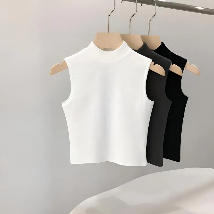 2025夏新款背心美式小半领无袖修身T恤女气质打底上衣短款运动衣
