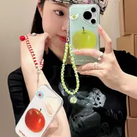 新款潮牌红/绿苹果大孔白底IMD手机壳ins搭配手链