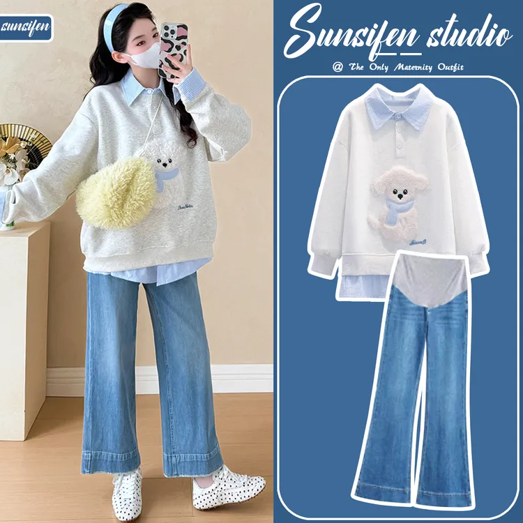 孕妇装秋套装2025新款时尚可爱假两件拼接翻领卫衣春秋裤子两件套