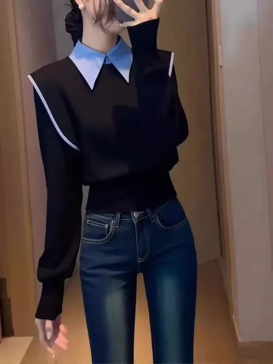 时尚撞色翻领假两件长袖卫衣秋冬新款通勤气质减龄小众套头上衣女