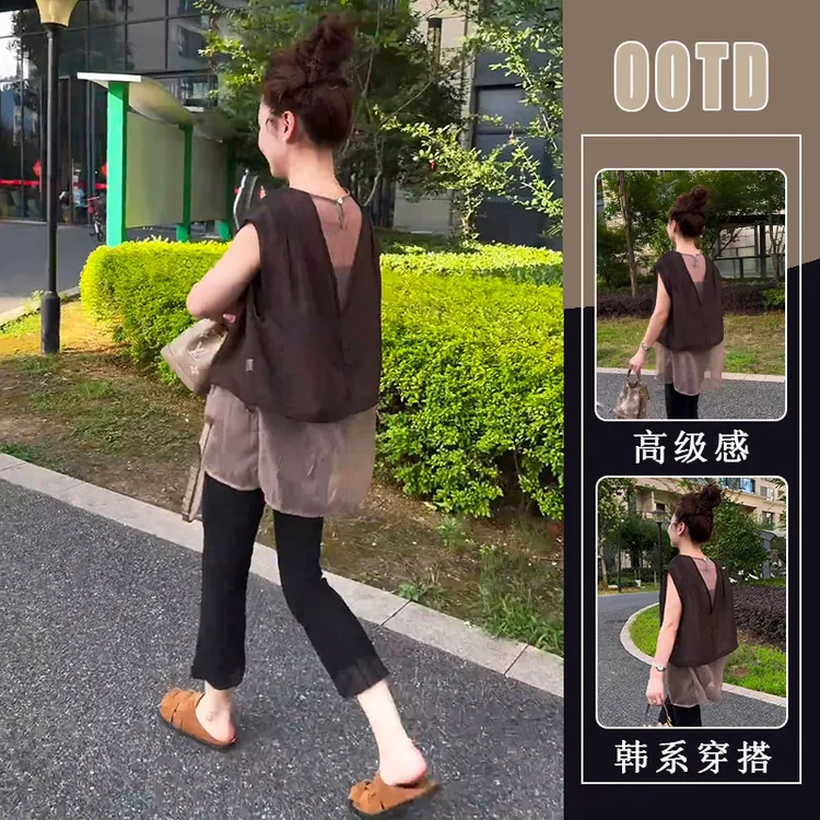 2025夏新款法式大码女装遮肉显瘦减龄假两件上衣修身休闲裤两件套