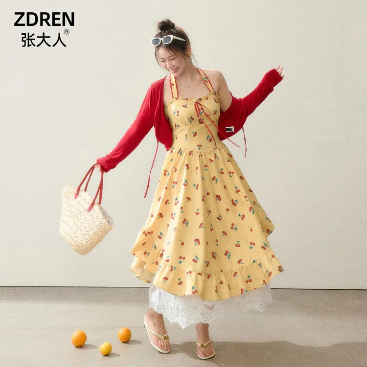 【樱焰鎏裙】大码女装胖妹妹法式甜美浪漫樱桃印花挂脖裙套装