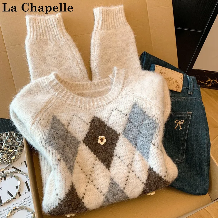 拉夏贝尔秋冬美拉德甜美风加厚提花长袖针织衫女百搭打底毛衣上衣