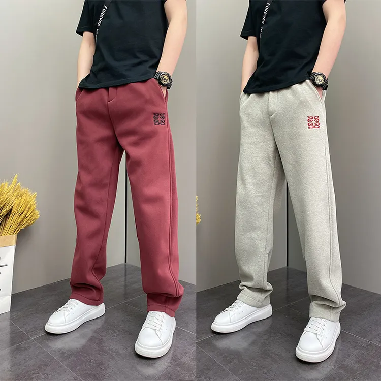 冬季加绒加厚潮牌百搭痞帅直筒阔腿裤男士设计感刺绣休闲运动卫裤