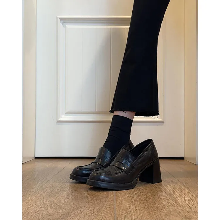 羊皮~复古高智圆头一脚蹬粗跟小皮鞋女百搭新款通勤乐福鞋单鞋子
