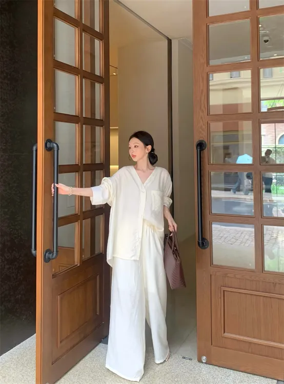 慵懒老钱风宽松阔腿裤两件套装夏季衬衣套装22719#
