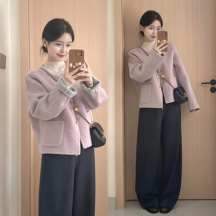 2025秋冬新款韩版小香风香芋紫毛呢外套休闲阔腿裤时尚大码套装女