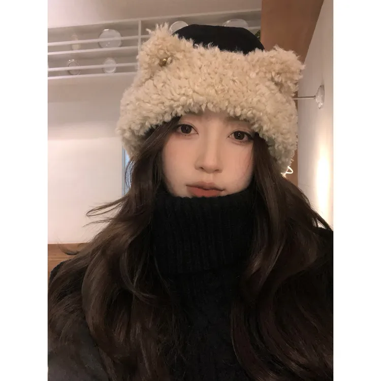 【猫仔kitten】可爱小熊耳朵毛绒帽子女秋冬护耳保暖骑车防风帽子