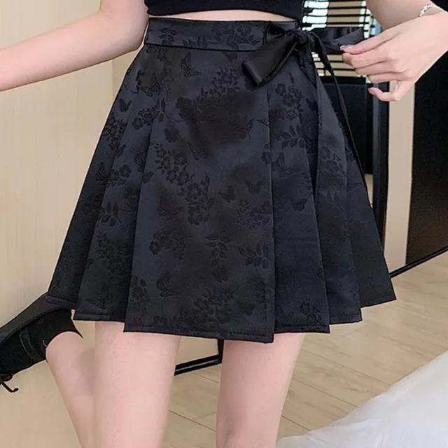 大码夏季新中式女装半身裙国风短款马面裙黑色提花百褶裙a字半裙