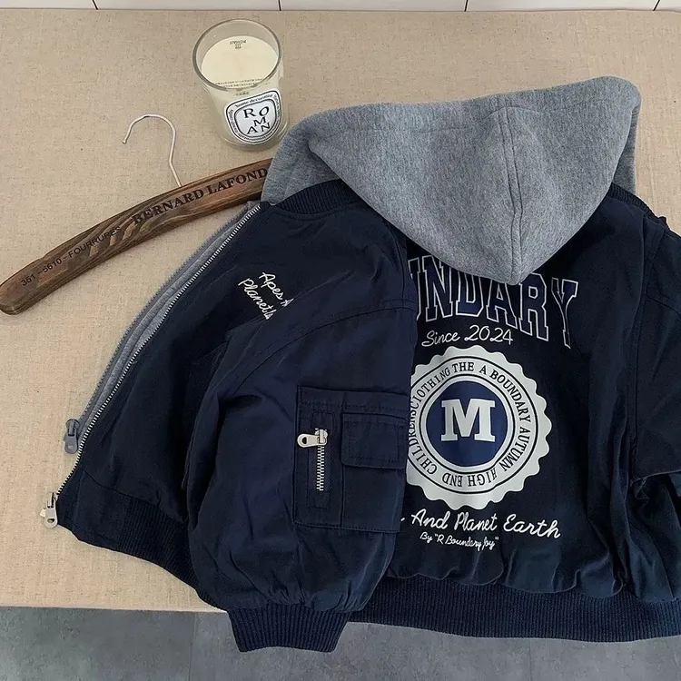 男童宝宝棉服女冬季字母新款夹棉假两件连帽2025儿童外套洋气棉衣