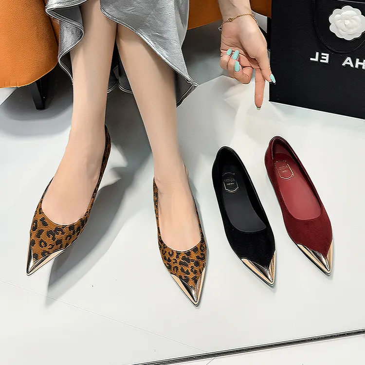 时尚豹纹流行风气质时尚金属尖头浅口内增高单鞋女舒适一脚蹬女鞋