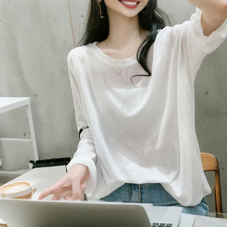 早秋新款纯色T恤长袖防晒罩衫女冰丝圆领韩版宽松空调衫设计上衣