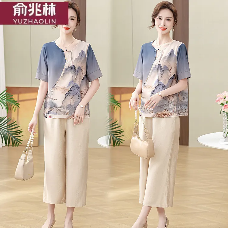 俞兆林中年妈妈夏装雪纺短袖套装小衫新款中老年女时尚洋气质上衣